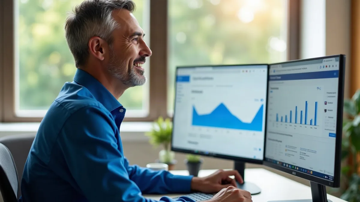 Marketer reviewing email campaign results on two monitors — Udimi review by a solo ads seller