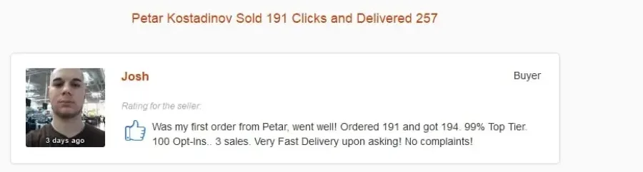 Josh: ordered 191 got 194, 100 opt-ins, 3 sales